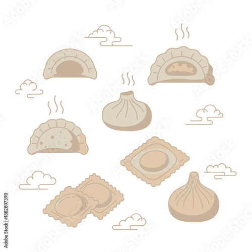 Assortment Of Delicious Dumplings And Pierogies Isolated On White Background With Decorative