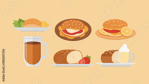 Assortment Of Delicious Food And Drinks, Illustrated And Presented In A Stylish Composition