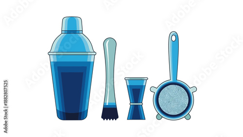 Barware Illustration Featuring Cocktail Shaker, Muddler, Jigger, and Strainer on White
