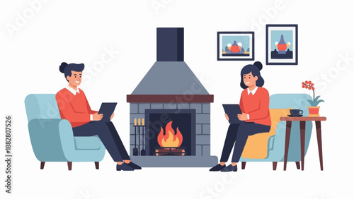 Couple relaxing by fireplace, each with a tablet and a coffee