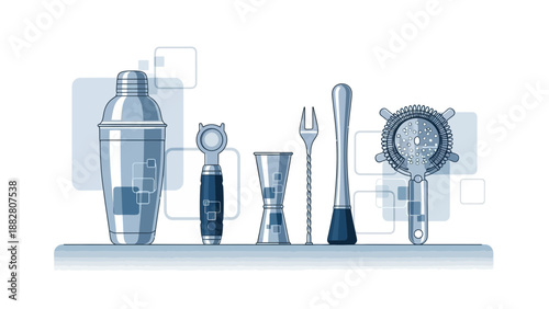 Barware Illustration: Sleek, Minimalist Set of Cocktail Tools for Mixology Designs