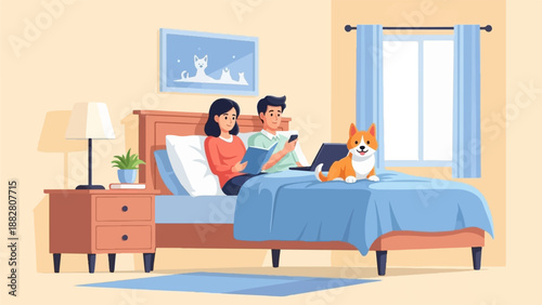 Couple relaxing in bed with dog and devices, cozy bedroom scene