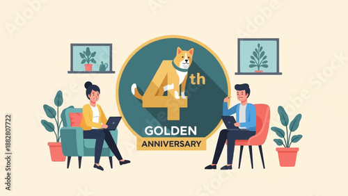Flat design celebrating a 4th golden anniversary with people and a dog