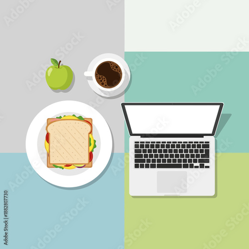 Breakfast And Workday Essentials Depicted With Laptop, Food, And Beverages In Modern Style