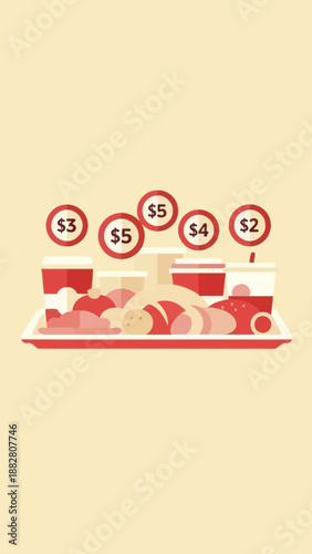 Breakfast Buffet Illustration With Prices Depicting Food and Beverages For Sale on a Tray