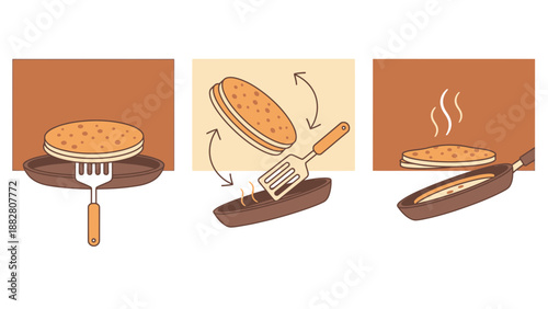 Breakfast Creation: Illustrated Steps of Cooking Pancakes On A Frying Pan