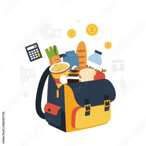 Backpack Packed With Groceries, Cash, And Calculator Representing Budgeting And Planning For Food