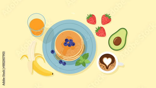 Breakfast Delight: A Vibrant Stack of Pancakes with Berries and Fresh Fruits on a Table