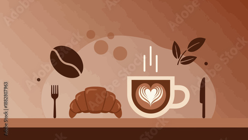 Breakfast Delight: An Artistic Presentation of Coffee, Croissant, And Breakfast Essentials