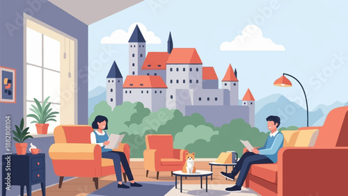 Couple relaxing indoors with dog and castle view