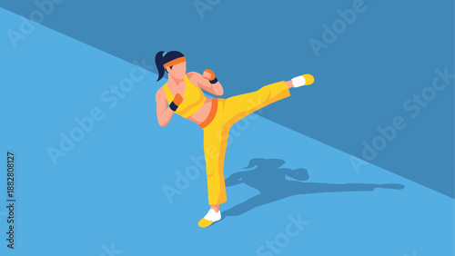 Isometric female martial artist performing high kick in vibrant colors