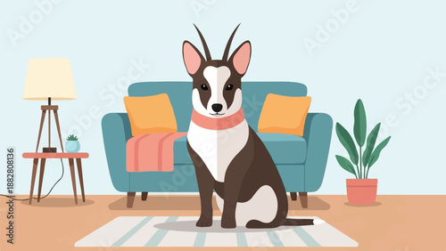 Dog sitting on rug in living room with sofa and lamp