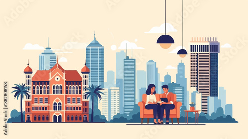 Couple relaxing on couch with laptop, city skyline, historical building, palm trees