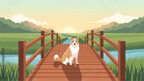 Dog sitting on wooden bridge overlooking a sunlit valley with a river