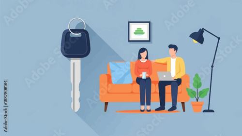 Couple relaxing on couch with laptop and car key nearby