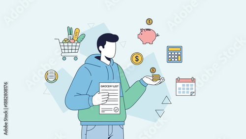 Budgeting And Grocery Planning For Financial Stability And Economic Management Illustration