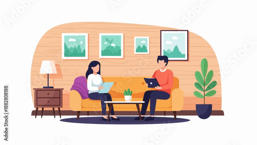 Couple relaxing on sofa in cozy living room with art