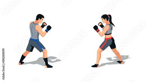 Isometric boxing standoff: male and female fighters facing off in combat gear