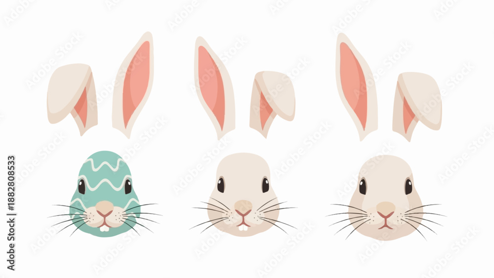 Fototapeta premium Cute bunny faces with fluffy ears and one decorated egg