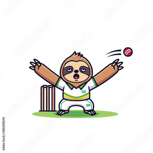 Cute sloth playing cricket appealing for wicket cartoon vector illustration


