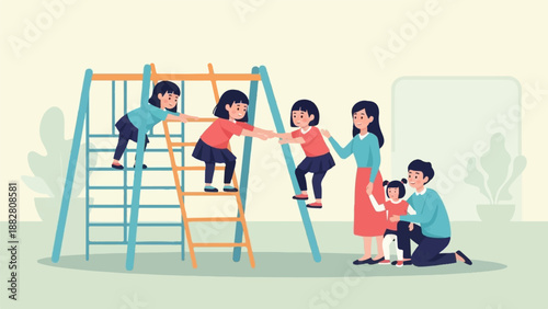 Family enjoys playground fun, with children climbing and parents supervising happily