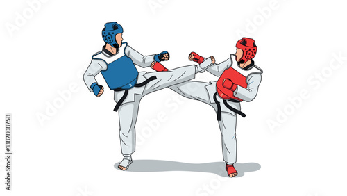 Dynamic taekwondo match with athletes in action pose and protective gear