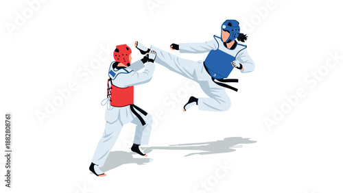 Dynamic taekwondo match: athletes competing in energetic martial arts battle