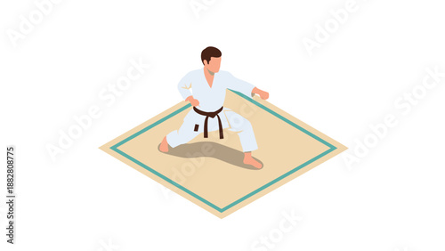 Isometric martial arts karate pose on tatami mat