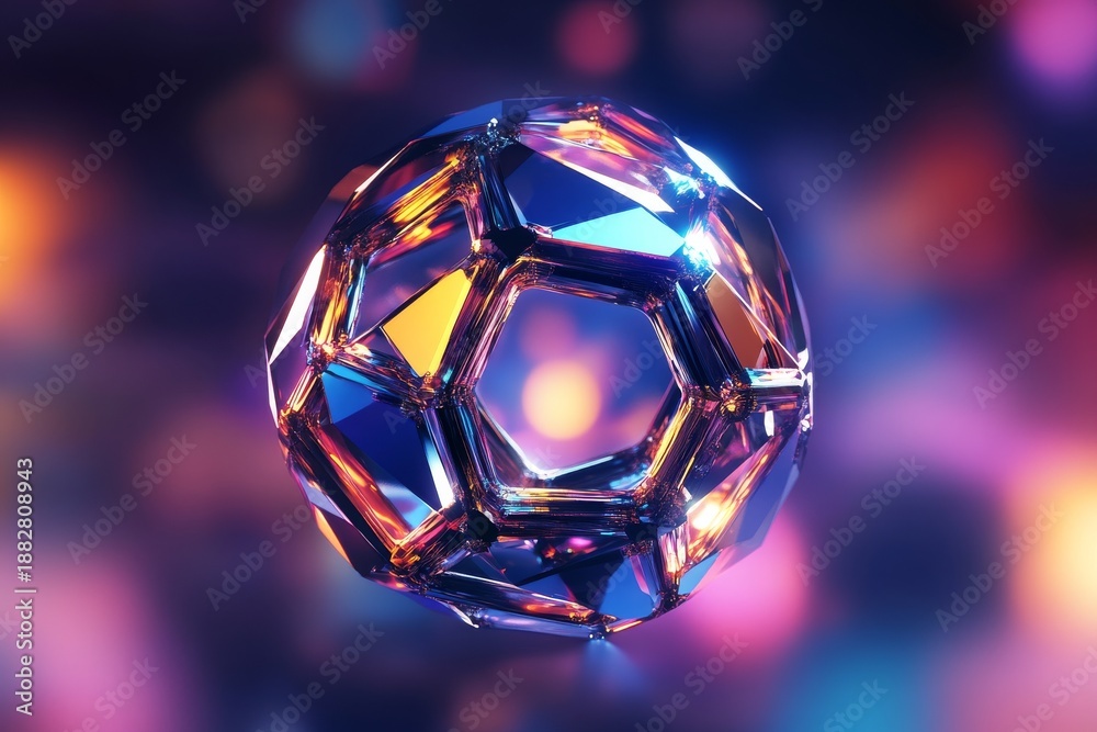 Naklejka premium Generative AI creates a shiny 3D shape with multicolored reflections floating in a dark space with bright lights