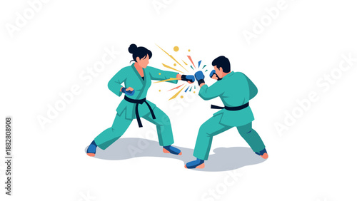 Two karate fighters sparring in dynamic flat design on white background