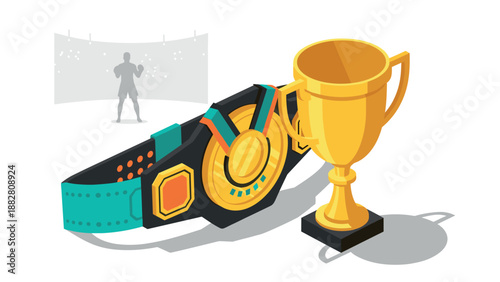 Championship trophy and belt with boxing silhouette in background