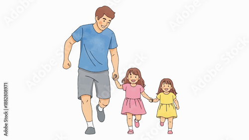 Father running with two daughters holding hands