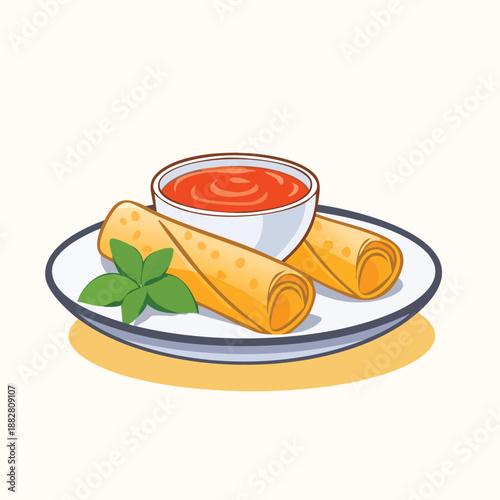 Delicious spring rolls served on a plate with dipping sauce and garnish