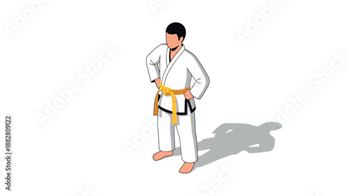 Isometric martial artist wearing yellow belt in white uniform with shadow on white background