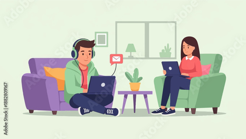 Diverse individuals collaborating remotely while seated comfortably in a living room