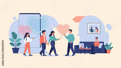 Diverse individuals connect with hearts, symbolizing relationships