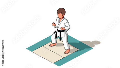 Karate practitioner in isometric martial arts pose on mat shadowed background