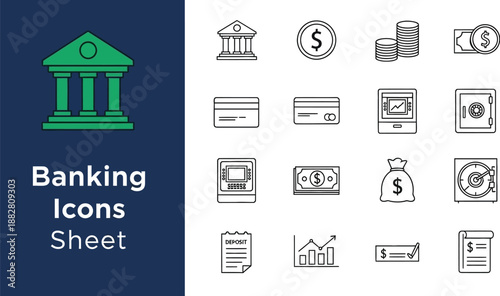Black outline icon sheet of banking and finance concepts