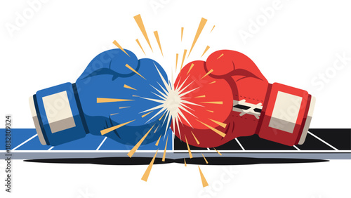 Red and blue boxing gloves colliding with a burst of energy on white background