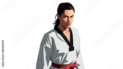 Confident martial artist in traditional uniform with intense expression