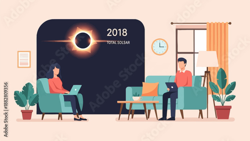 Cozy living room scene with people working remotely and a depiction of a solar eclipse