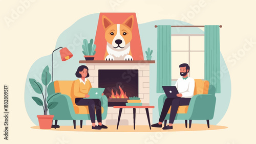 Cozy living room scene with two people using laptops and a dog portrait above fireplace