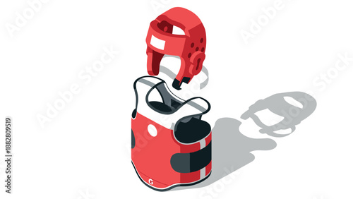 Isometric red boxing gear with helmet and chest protector on white background