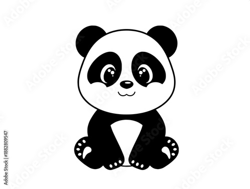 Adorable panda character set, featuring a sitting panda with small, rounded eyes, soft, gentle curves, and a flat vector style, optimized for a logo-friendly design, with a sweet expression, soft blac