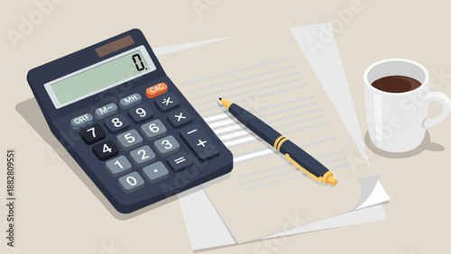 Desk scene with calculator, pen, papers and a cup of coffee