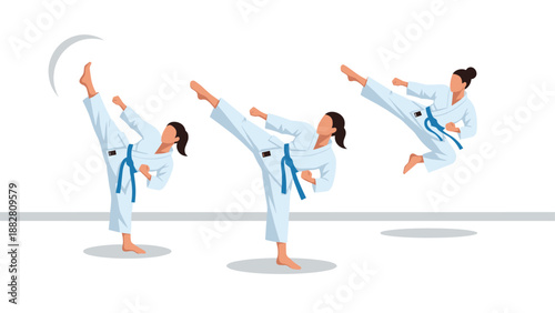 Martial arts training: karate practitioners demonstrating high kicks in white gi