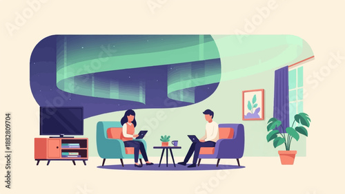 Cozy living room with aurora borealis backdrop and people working on laptops