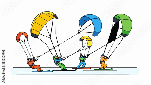 Diverse individuals harness wind power for thrilling icy descents