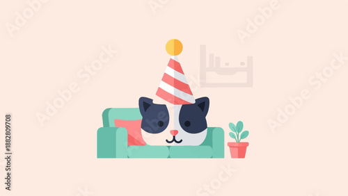 Cute cartoon cat with party hat on sofa with potted plant