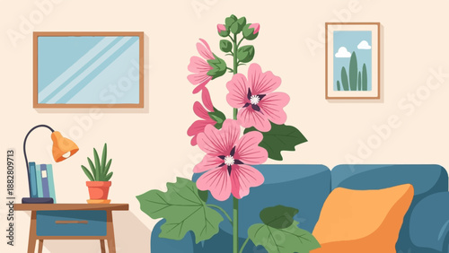 Cozy living room with blooming pink hollyhocks, a lamp, books, and art